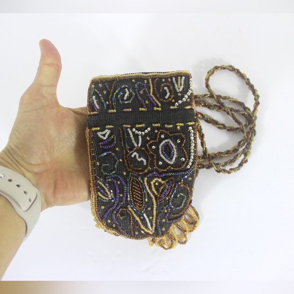 Small Vintage Beaded Crossbody Bag with Fringe, Card Holder Glasses Pouch - Picture 7 of 7